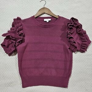 Calligraphie Raspberry Double Ruffled Cap Sleeve Knit Cardigan‎ Sweater Size M
